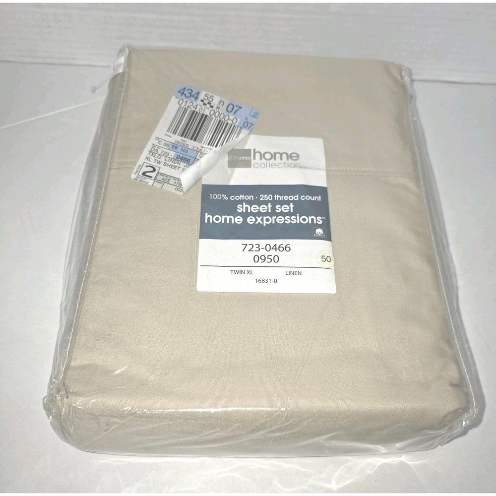 JCPenney Home Expressions Twin XL Sheet Set Linen Beige 100% Cotton 250 TC NEW